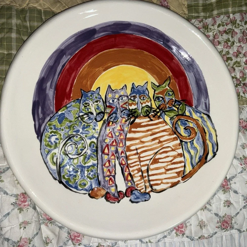 Hand Painted Cat Platter Original Colorful Craft Core 22